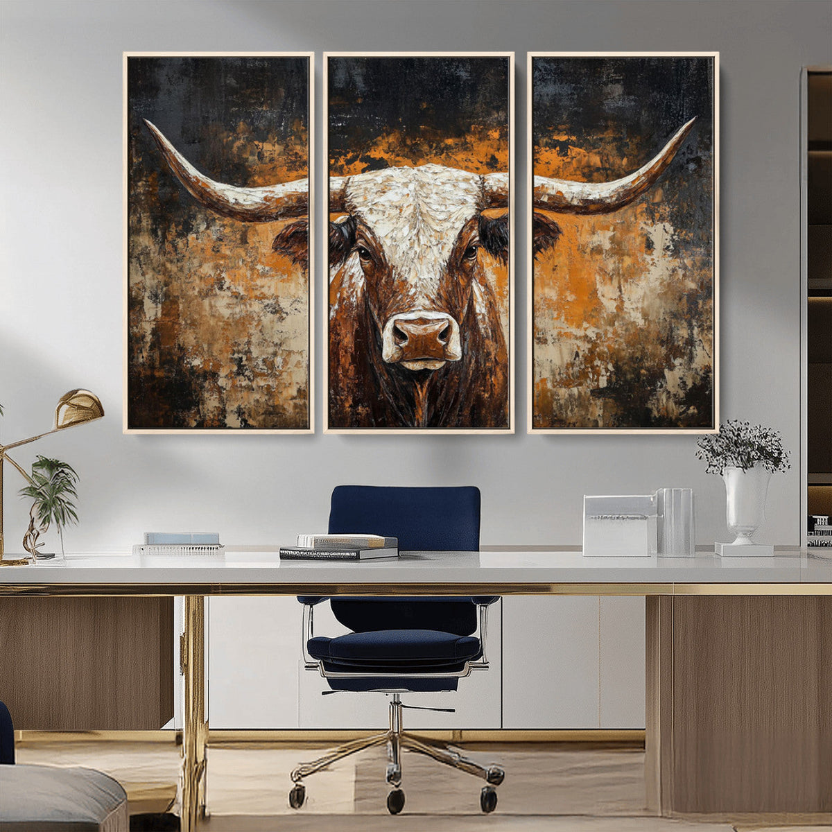 Abstract Longhorn Bull Wall Art Canvas Print, Vintage Western Texas Steer Artwork