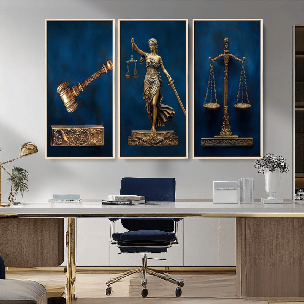 Lady Justice Wall Art Canvas Print, Elegant Gold Legal Symbols on Blue, Law Office Decor