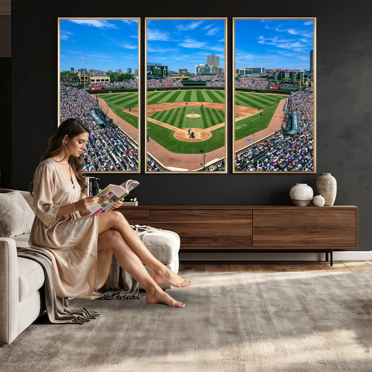 Wrigley Field Baseball Stadium Canvas Wall Art, Packed Crowd and Chicago Skyline