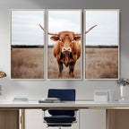 Longhorn Bull Wall Art Canvas Print, Framed Rustic Decor