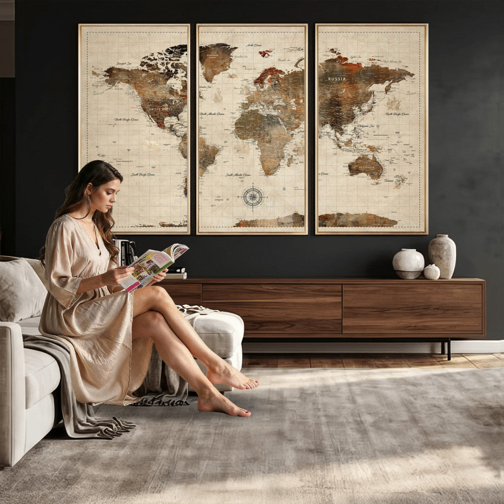 Vintage World Map Wall Art Canvas Print for Living Room, Office and Study