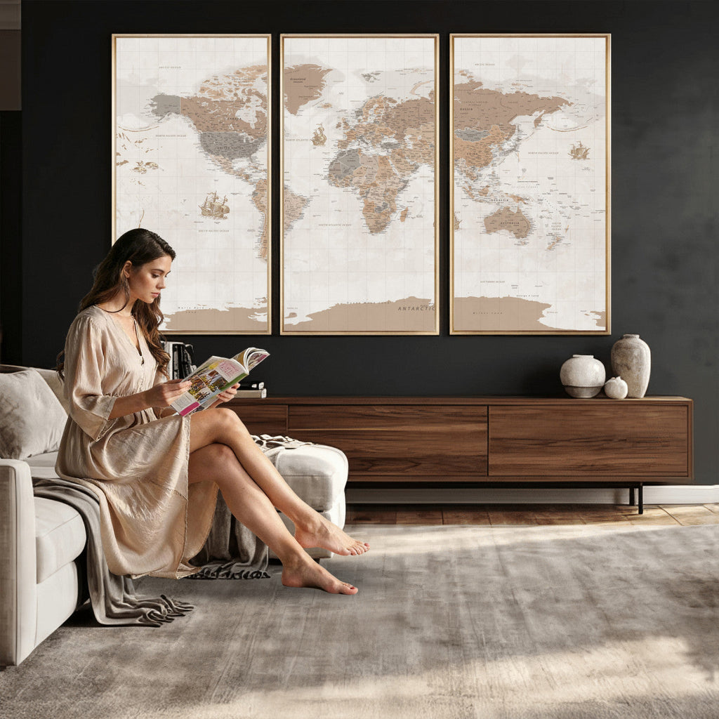 Framed Large World Map Canvas Print for Office Decor