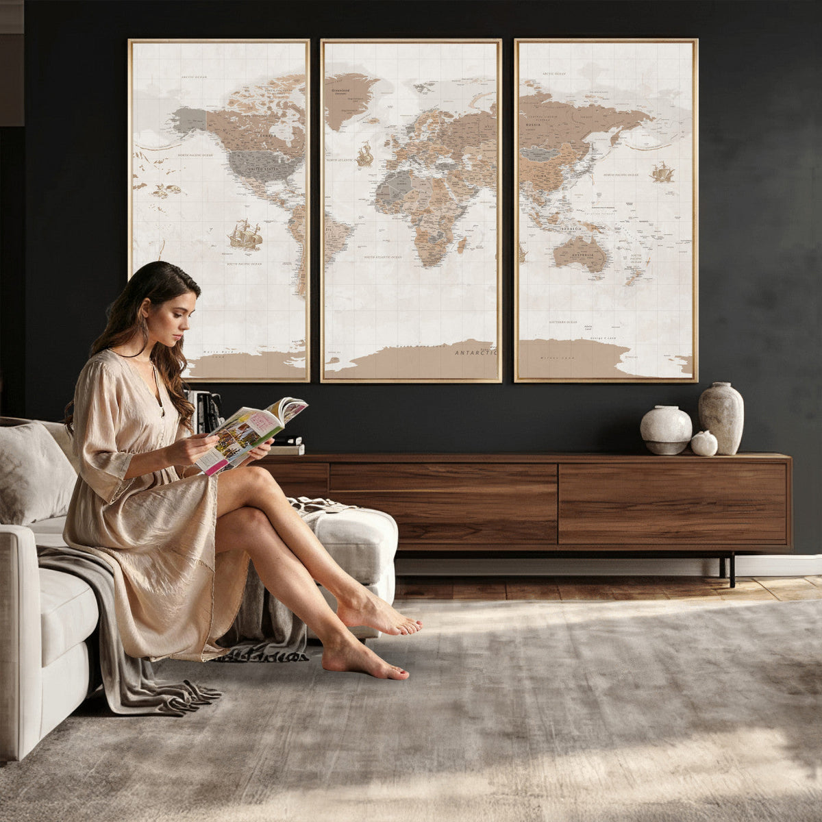 Framed Large World Map Canvas Print for Office Decor