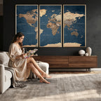Navy Blue World Map Canvas Print | Framed Travel Map Wall Art