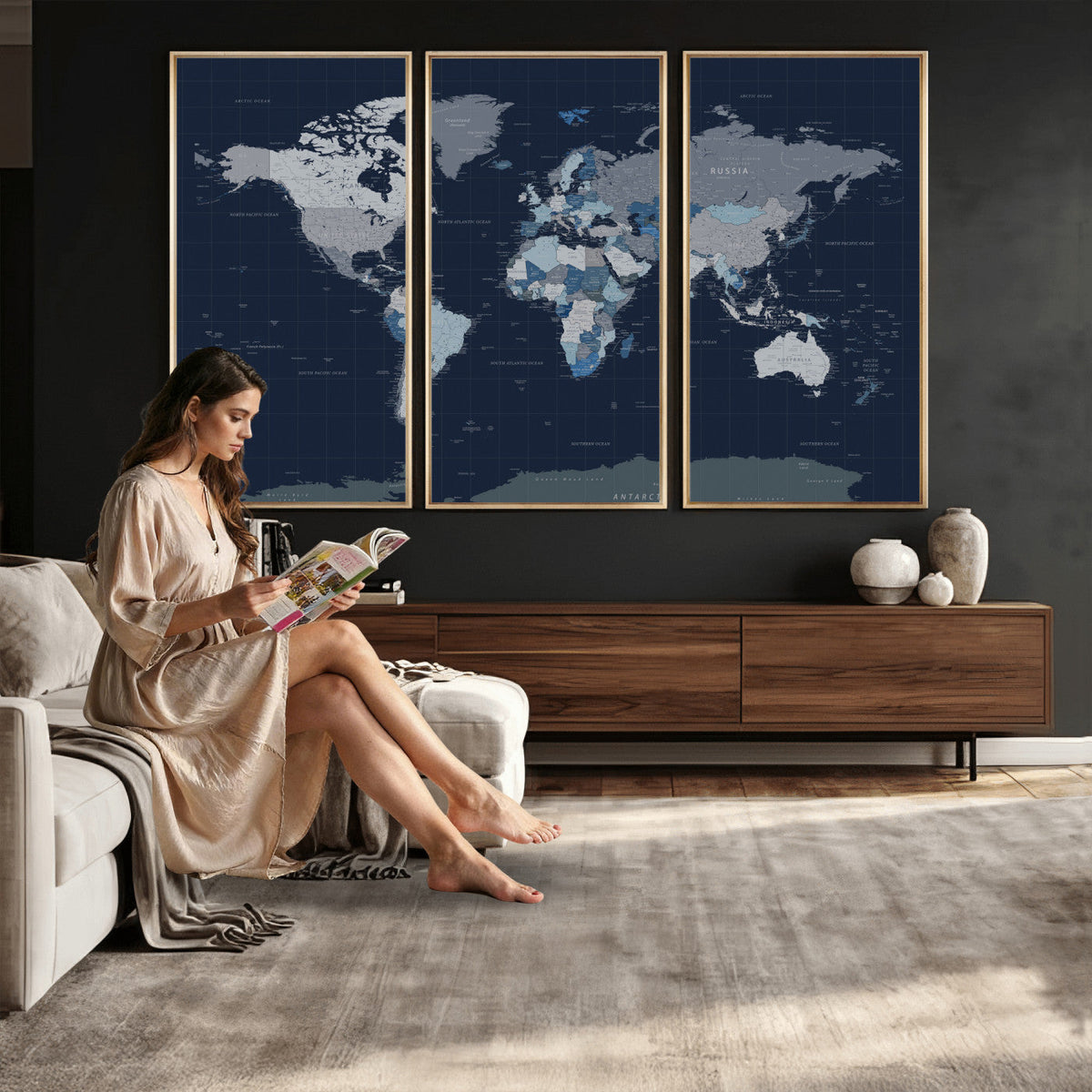 Blue Detailed World Map Wall Art Canvas Print | Modern Framed Map
