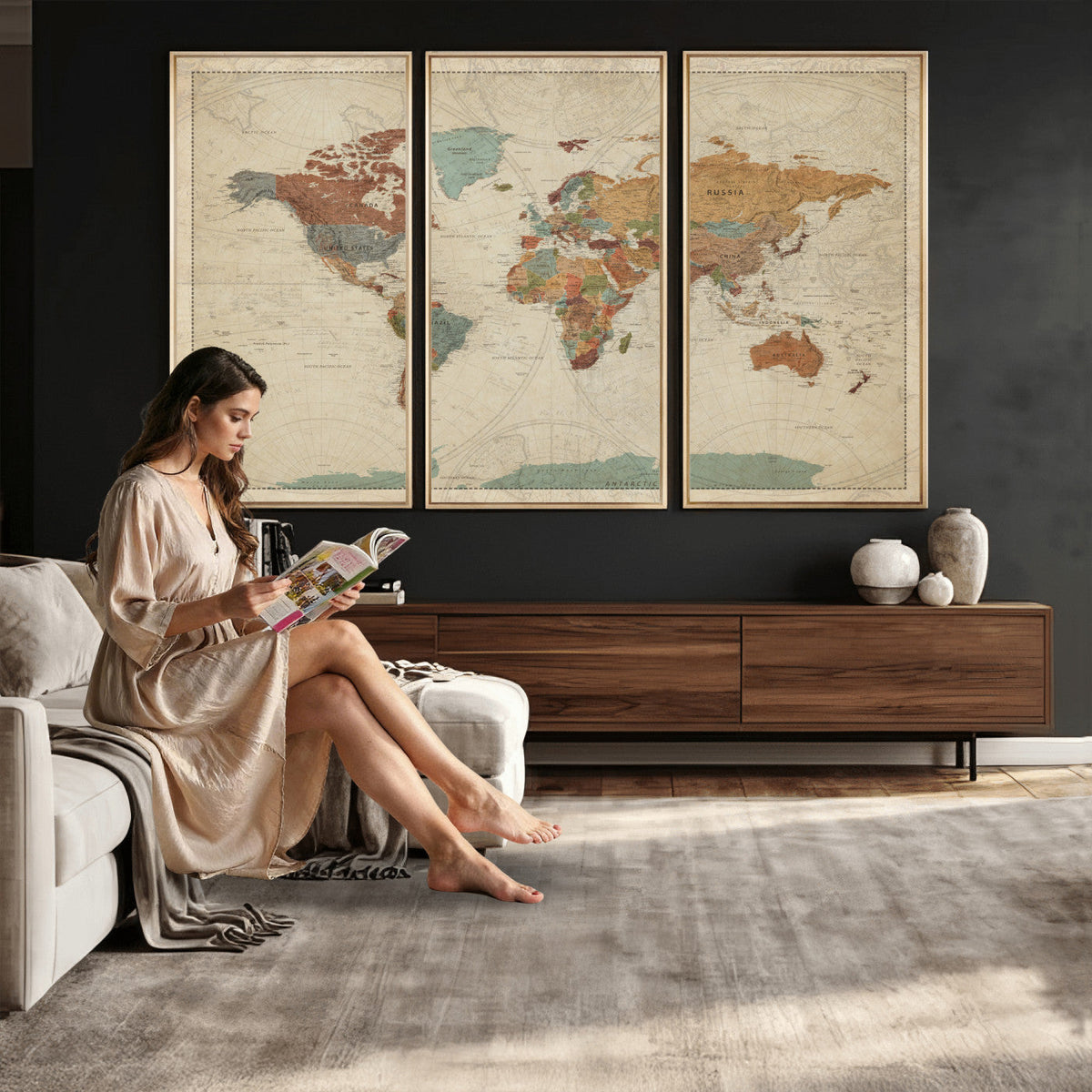 Vintage World Map Canvas Wall Art Print | Framed Modern World Map