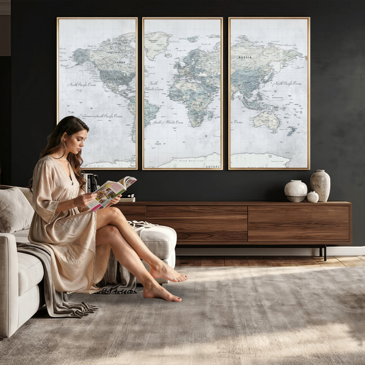 Push Pin World Map Canvas Print - Detailed Vintage World Map