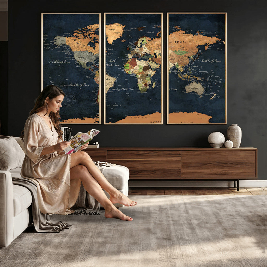 Vintage World Map Canvas Wall Art | Detailed Map with Countries, Oceans and Continents