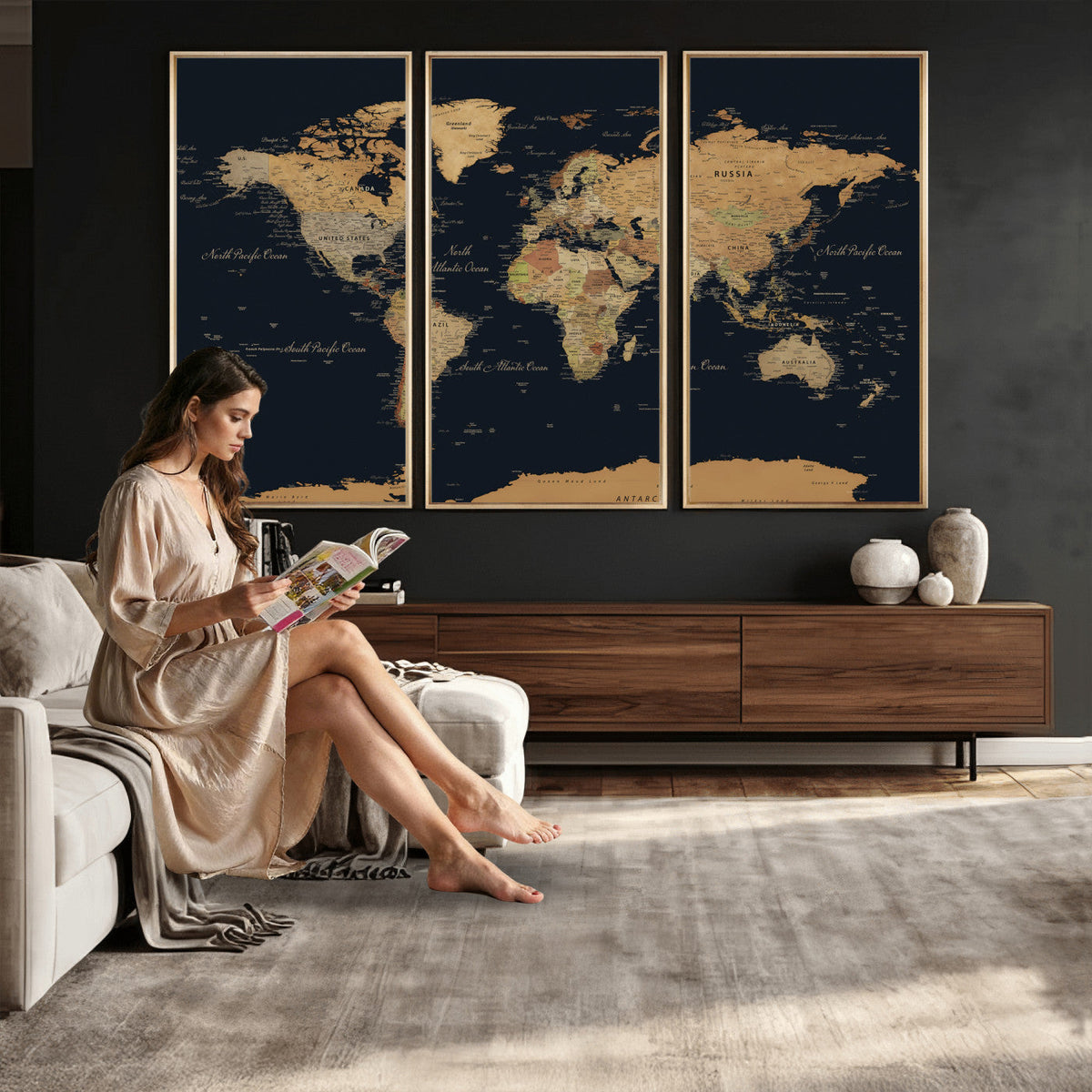 Vintage World Map Earth Globe Countries Oceans Continents