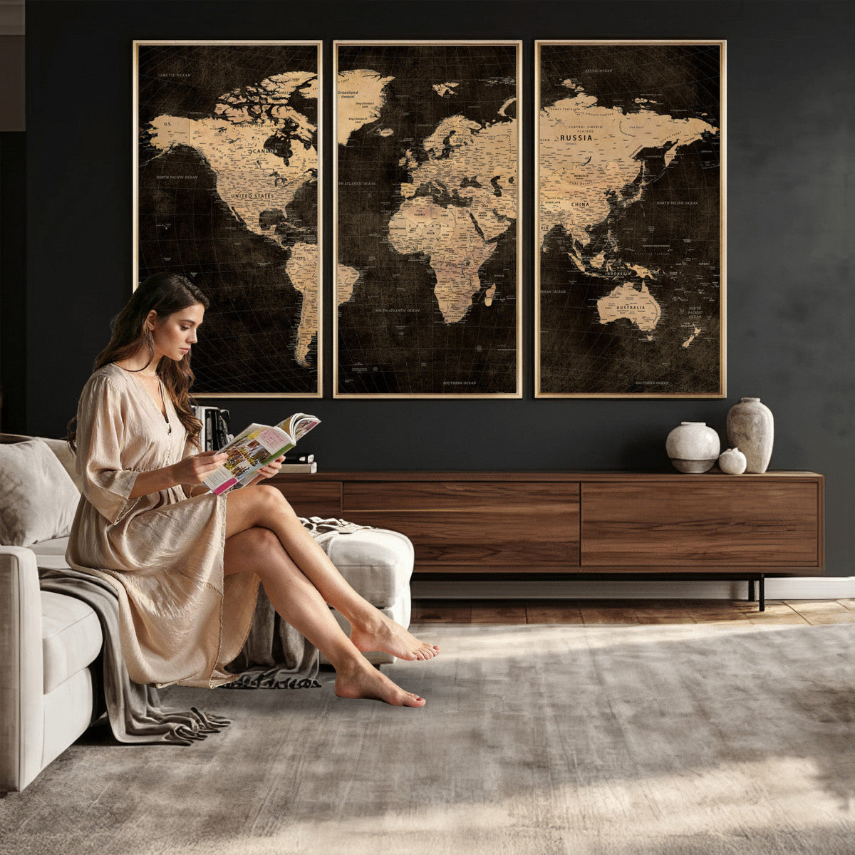 Brown World Map Canvas Print | Modern Travel Map Wall Art