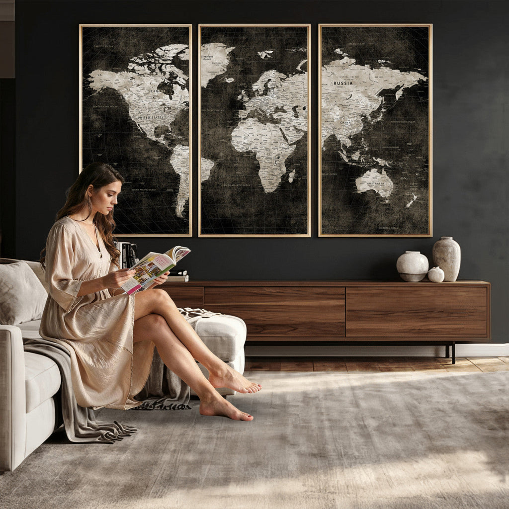 Vintage World Map Wall Art Canvas Print | Framed Large Map Wall Art