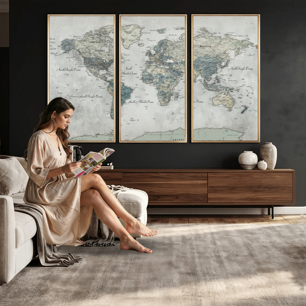 Neutral Vintage World Map Canvas Wall Art Print, Classic Map Artwork