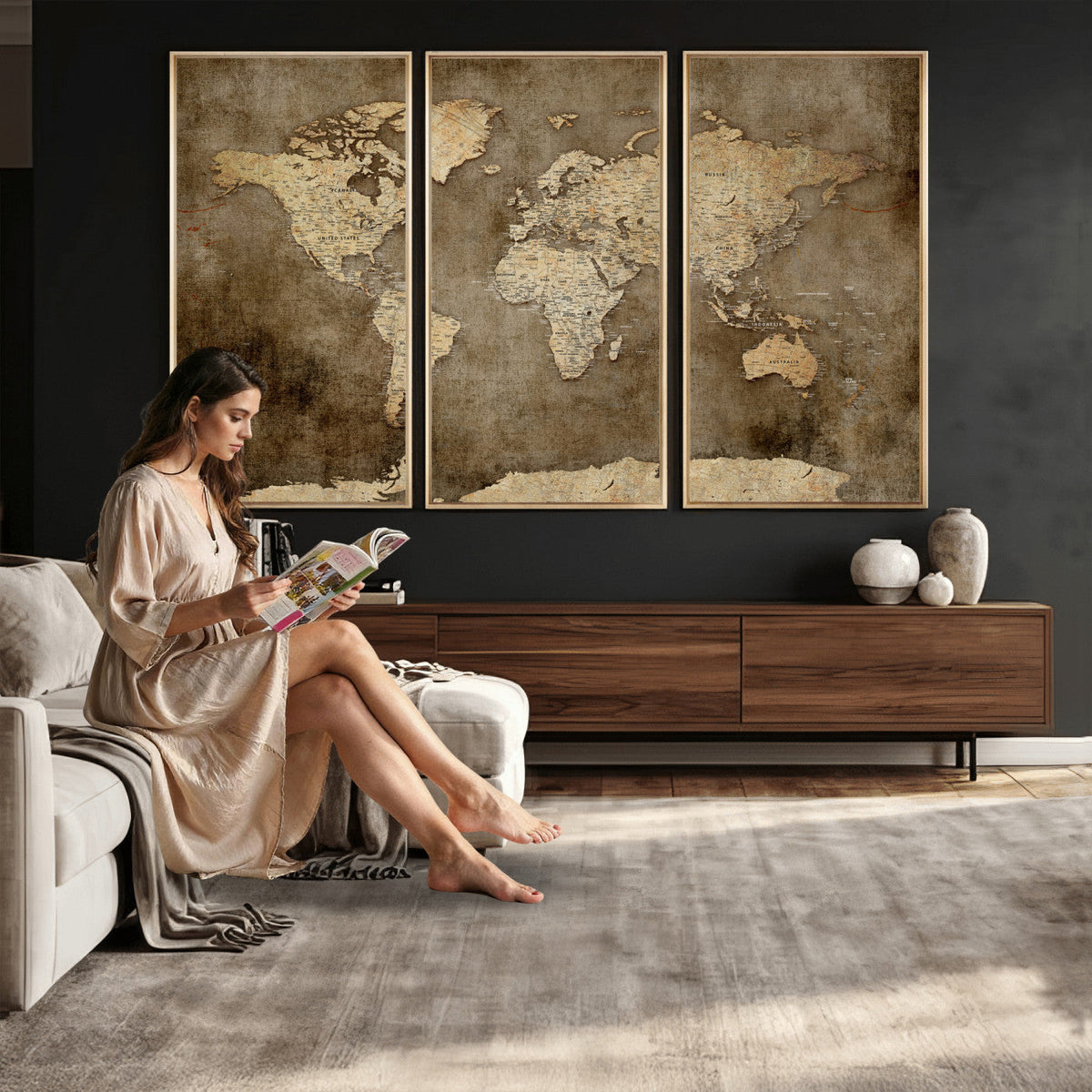 Dark Vintage World Map Canvas Wall Art Print, Antique Map Artwork