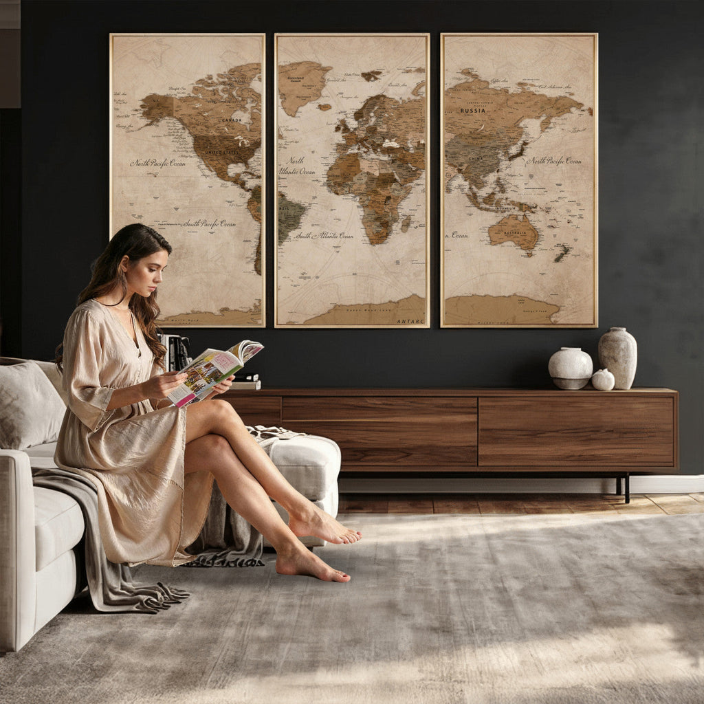 World Map Canvas Wall Art Print, Detailed Global Map Artwork
