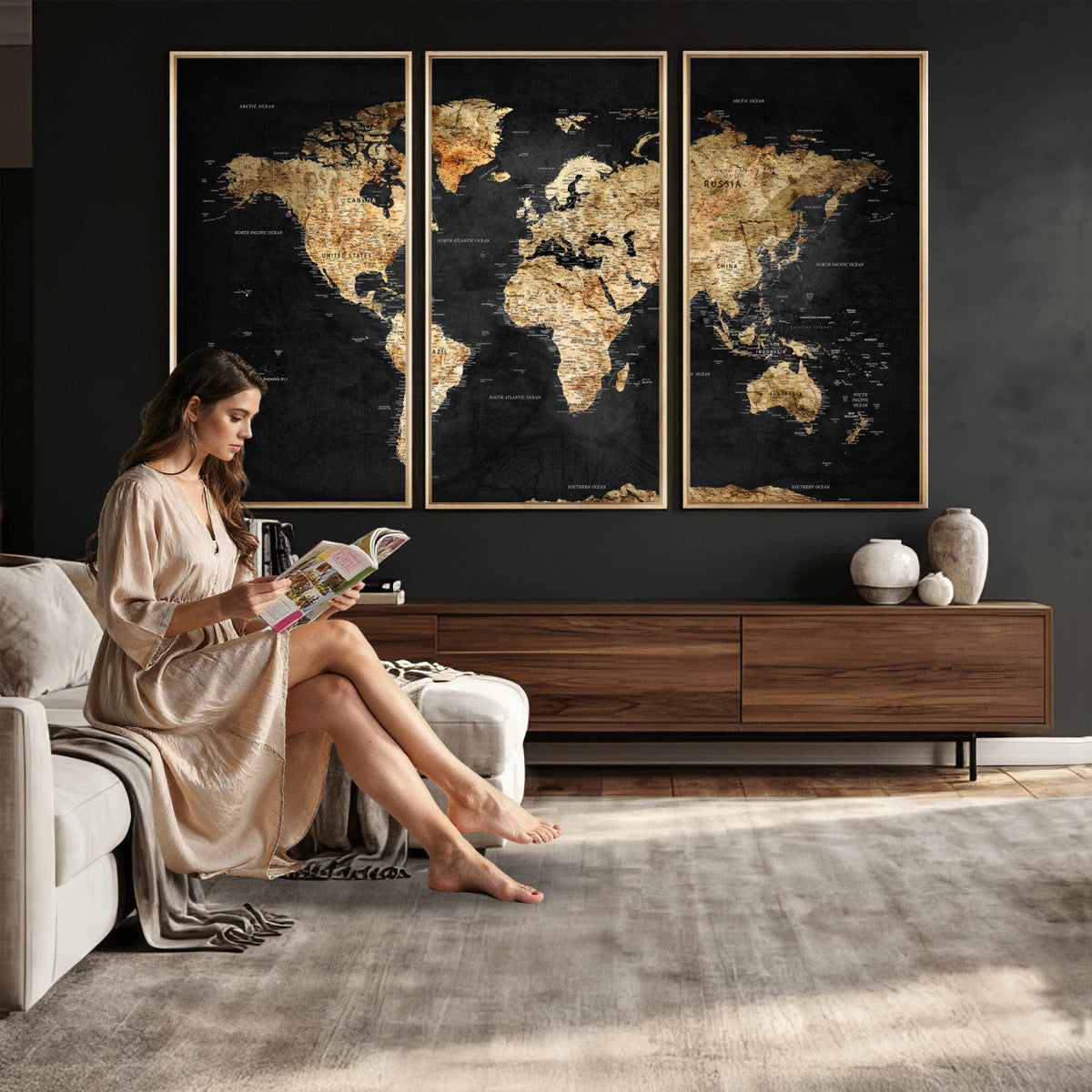 World Map Canvas Wall Art with Famous Landmarks | Framed Travel Map