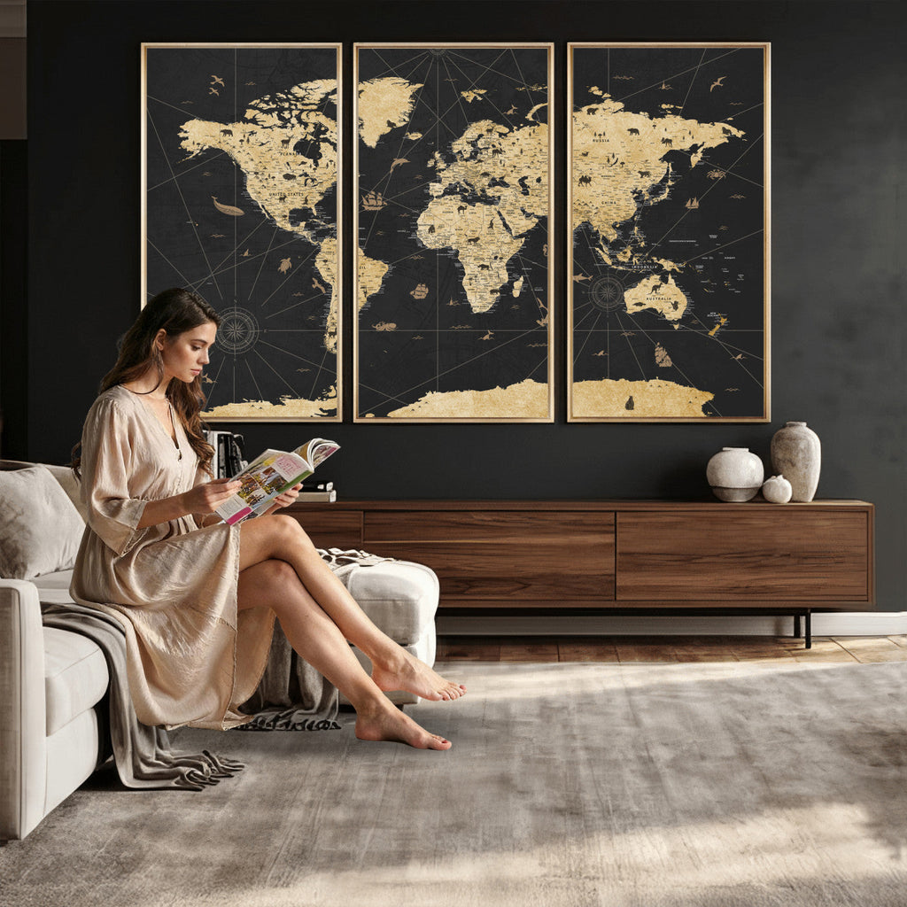 Vintage Blue and Brown World Map Canvas Wall Art | Framed Rustic Map Print