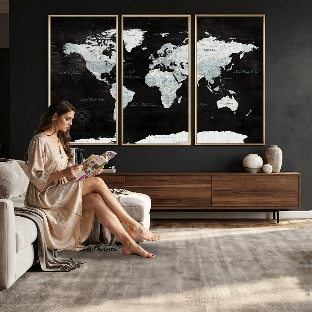 World Map Canvas Print | Framed Push Pin Wall Art, Color Splash Travel Map