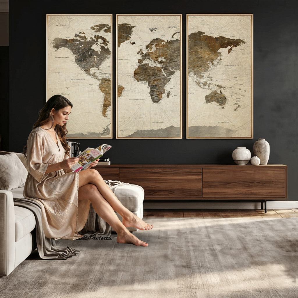 Vintage World Map Canvas Wall Art | Framed Antique Style Travel Map
