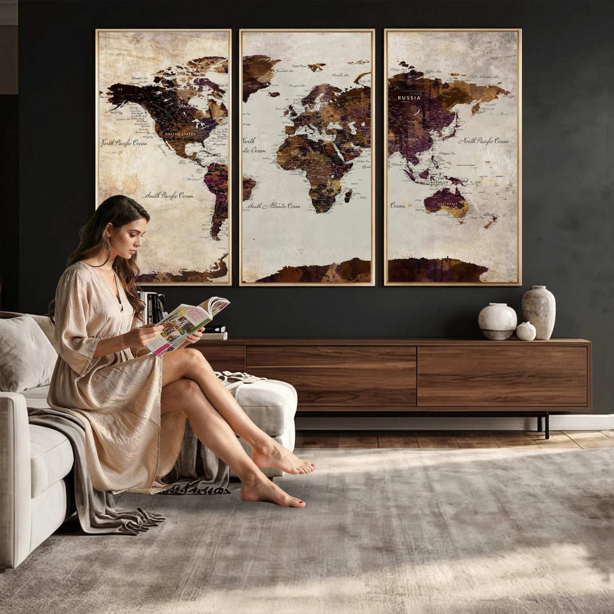 World Map Canvas Triptych | Colorful Global Wall Art for Living Rooms
