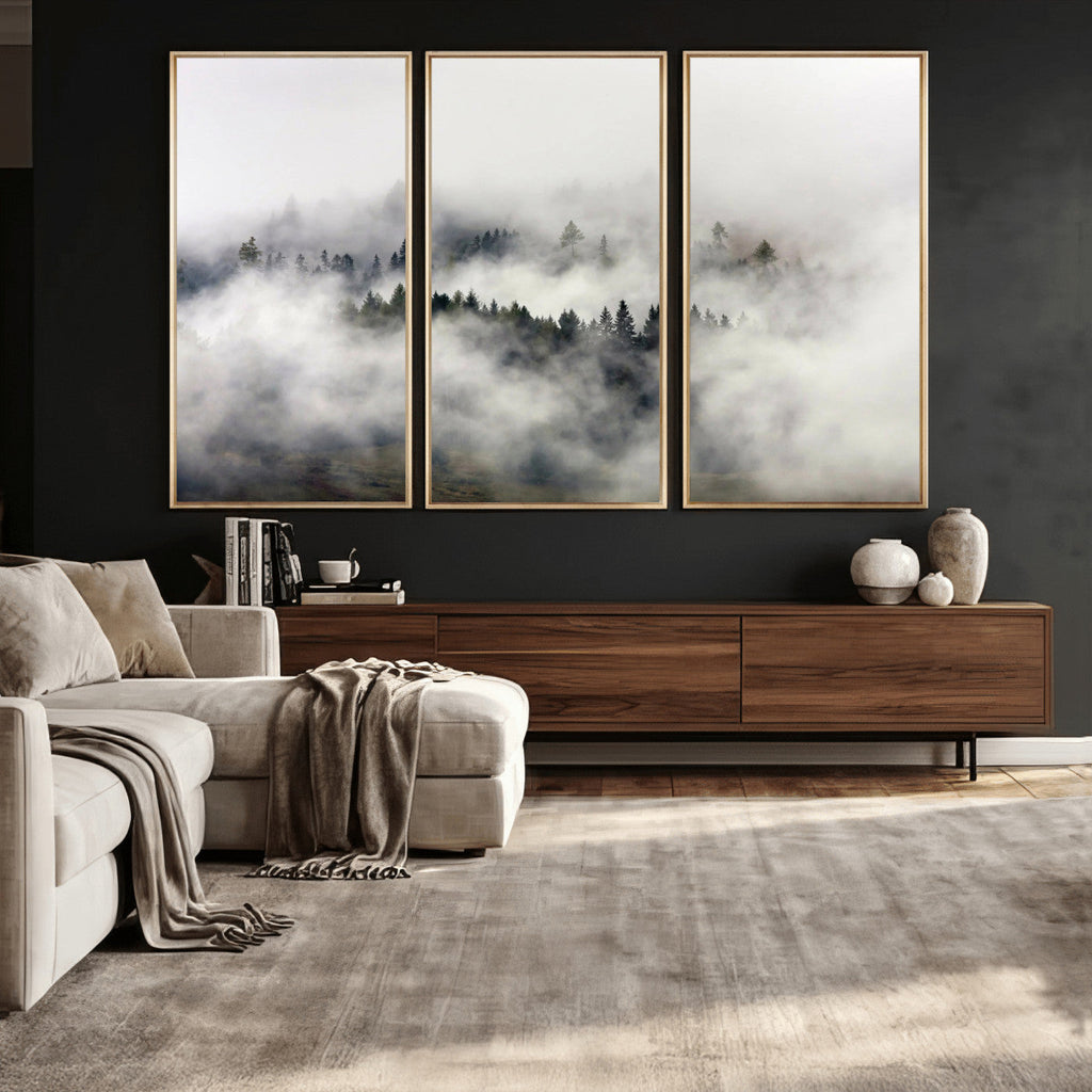 Foggy Forest Wall Art Canvas Print, Misty Pine Tree Landscape