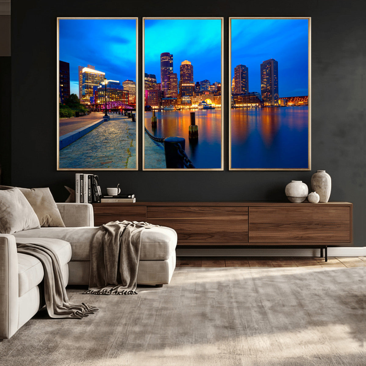 Boston Wall Art Canvas Print, Boston City Downtown Night Cityscape