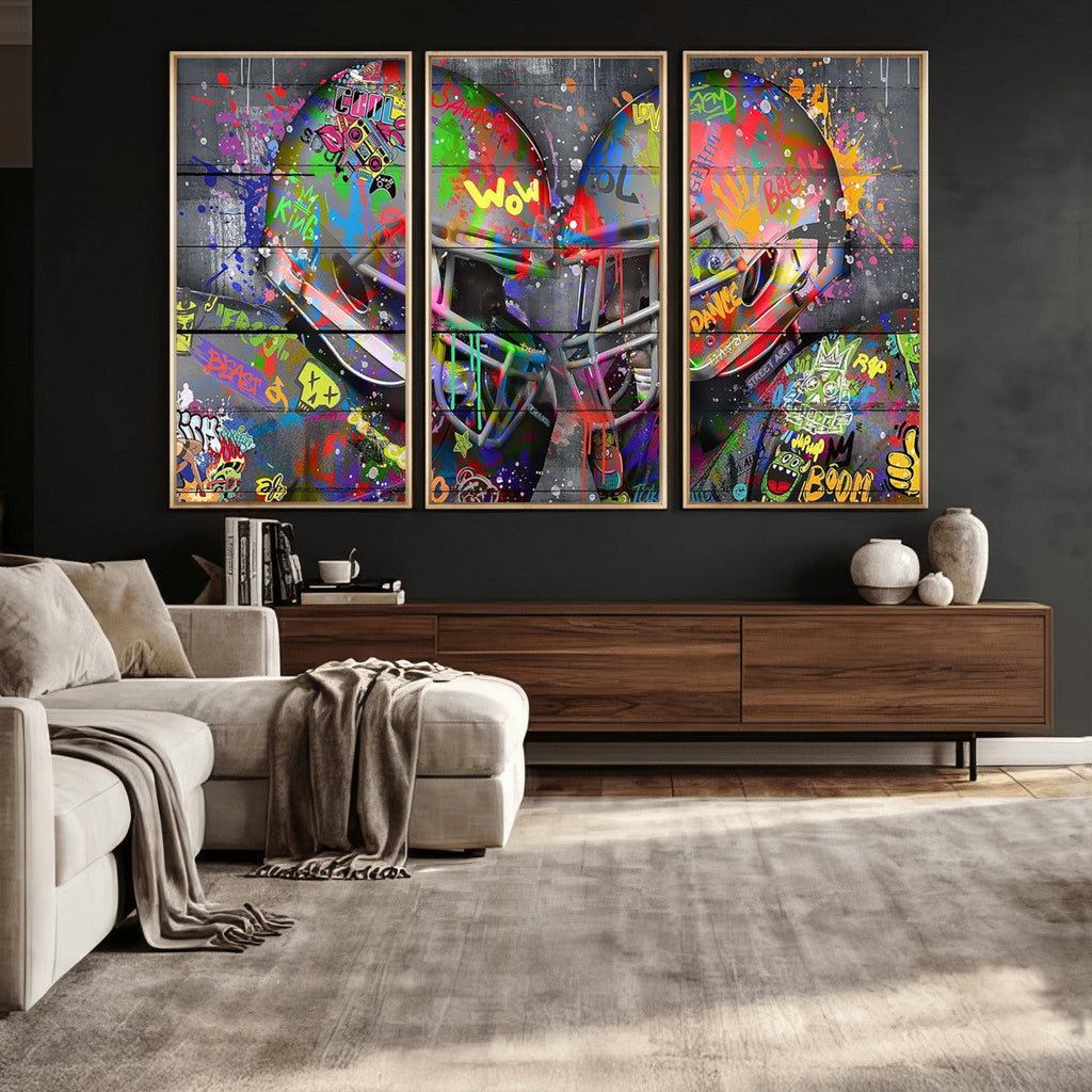 Graffiti Football Helmets Wall Art Canvas Print, Urban Street Art