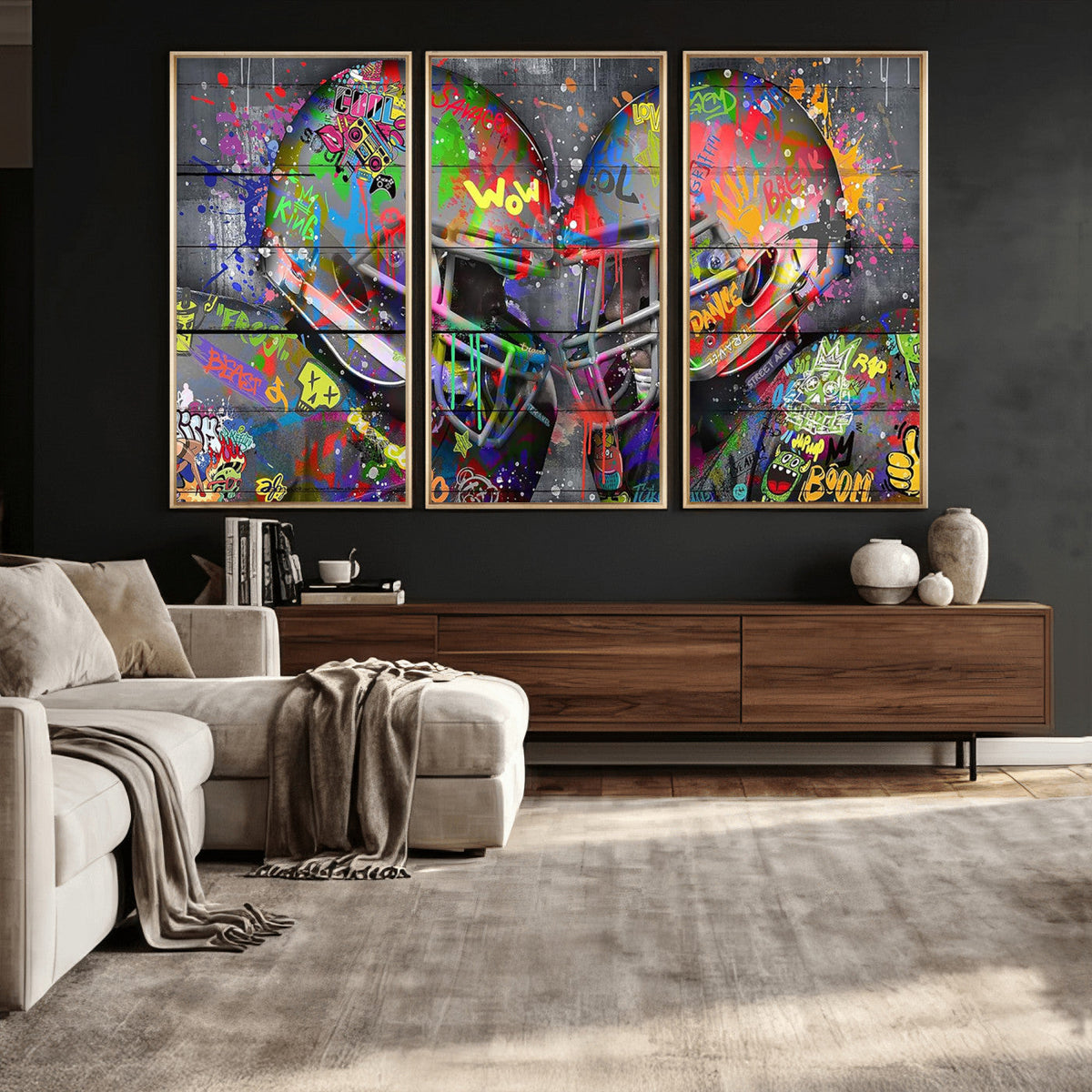 Graffiti Football Helmets Wall Art Canvas Print, Urban Street Art