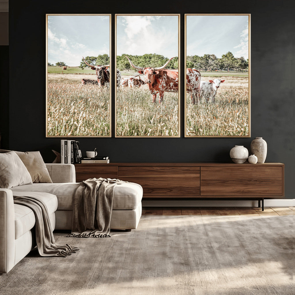 Texas Longhorn Cattle Wall Art Canvas Print, Western Ranch Landscape Decor
