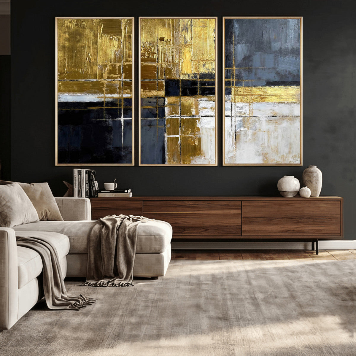 Gold Navy Abstract Wall Art Canvas Print, Modern Luxury Geometric Art for Living Room and Office