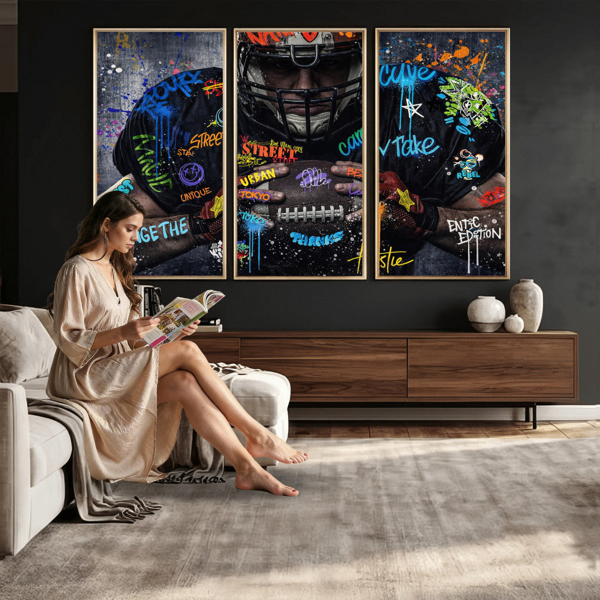 Graffiti American Football Player Street Art Wall Art Canvas Print
