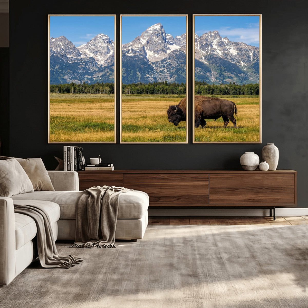 Bison in Mountain Landscape Wall Art Canvas Print, Western Decor