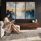 Blue Gold Abstract Large Framed Canvas Wall Art, Modern Luxury Print