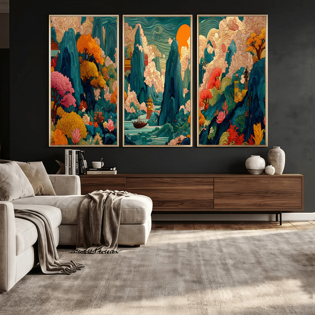 Colorful Japanese Landscape Print: Maximalist Panoramic Wall Art