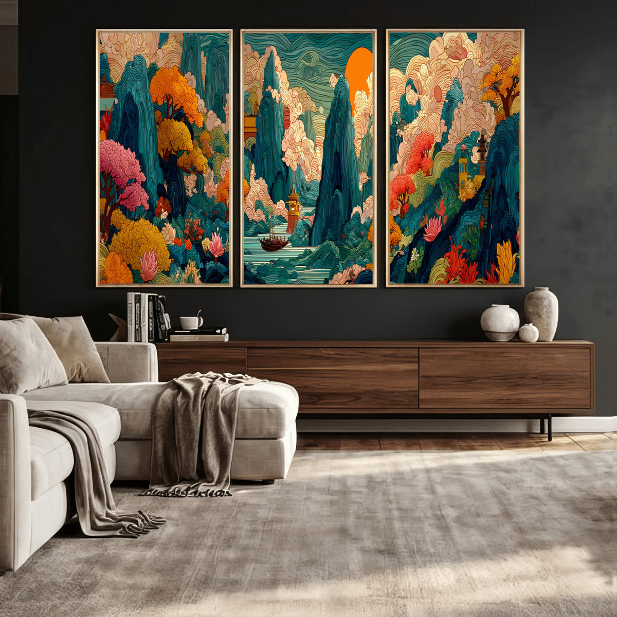 Colorful Japanese Landscape Print: Maximalist Panoramic Wall Art