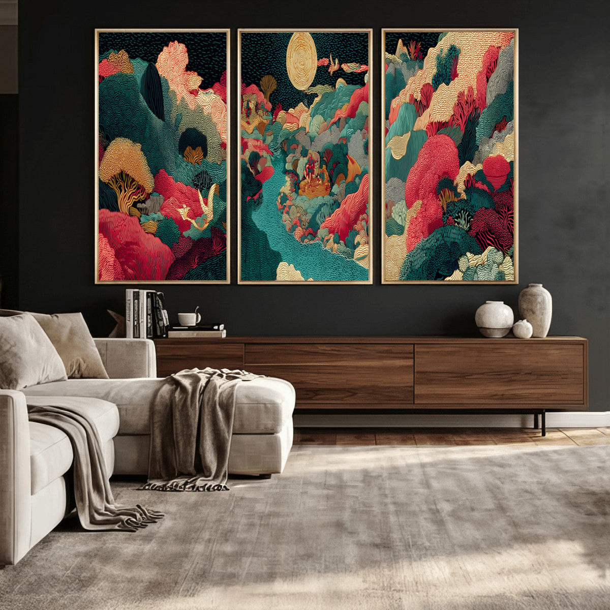Colorful Japanese Landscape Print: Maximalist Panoramic Wall Art