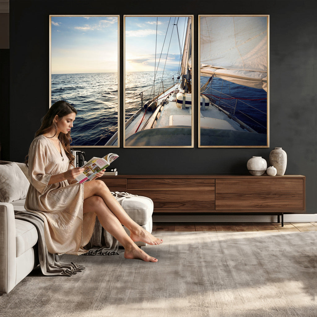 Sailboat Wall Art Canvas Print, Ocean Sunset Sailing Framed Artwork