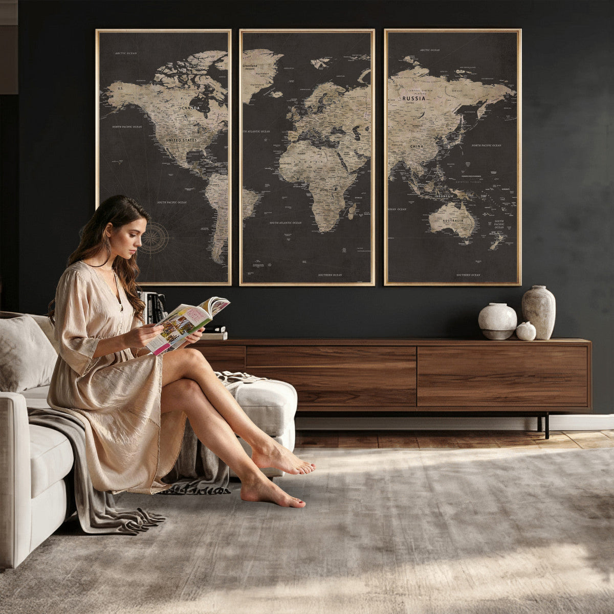 World Map Canvas Wall Art, Dark Charcoal and Antique Tan Detailed Map