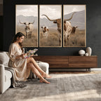 Rustic Texas Longhorn Cow Canvas Wall Art Print, Farm Animal Photography