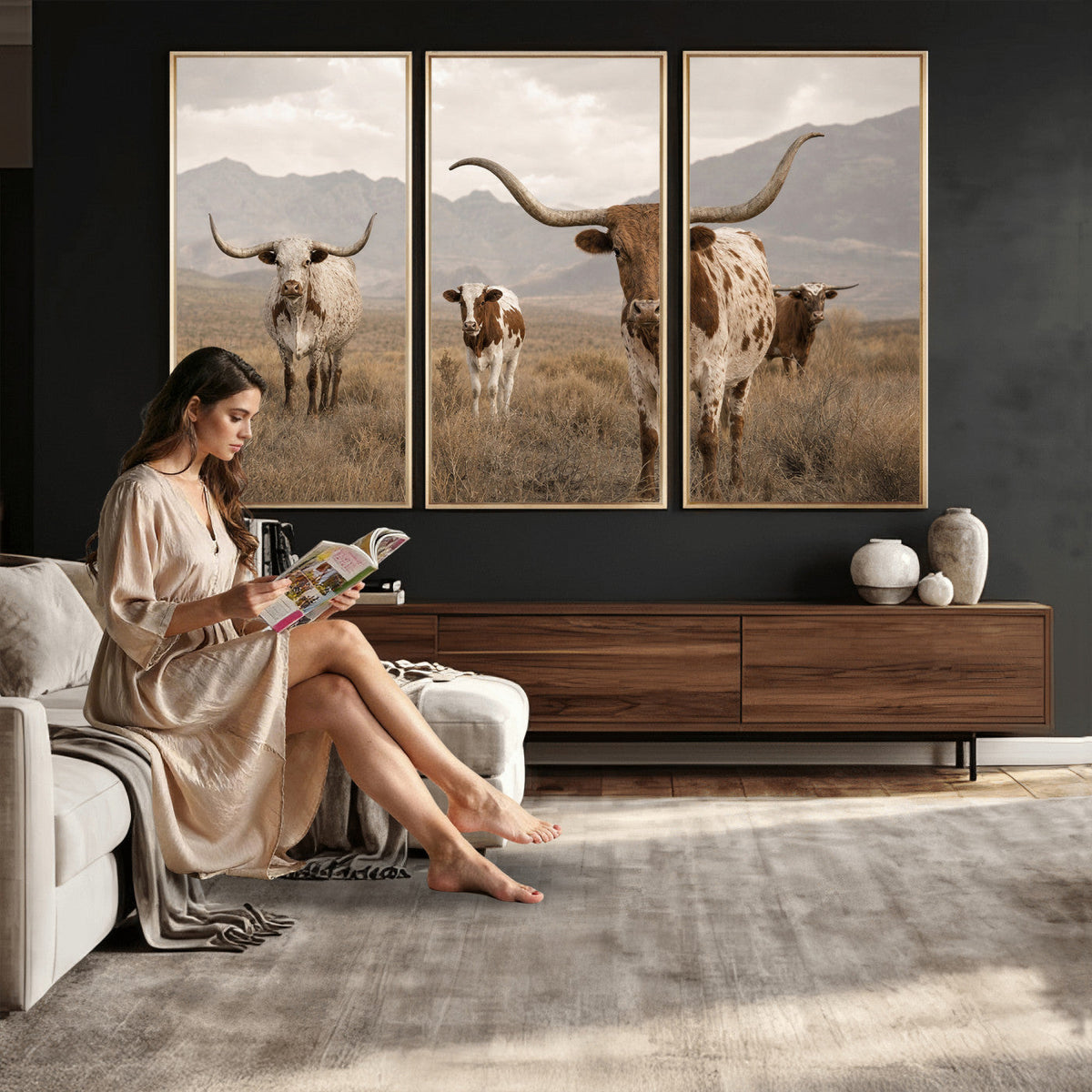 Rustic Texas Longhorn Cow Canvas Wall Art Print, Farm Animal Photography