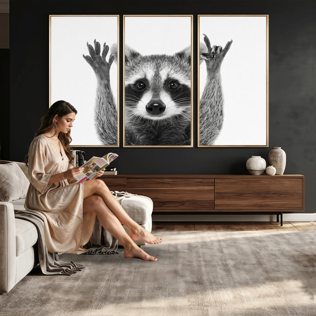 Funny Raccoon Canvas Wall Art, Black White Hands Up Animal Photo Print