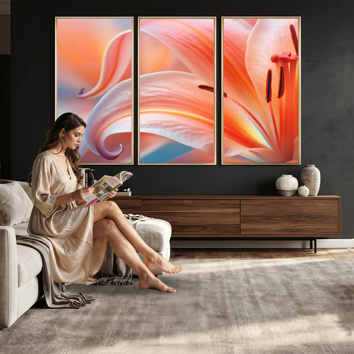 Peach Lily Canvas Wall Art, Coral Pink Flower Macro Photo Print, Botanical Decor