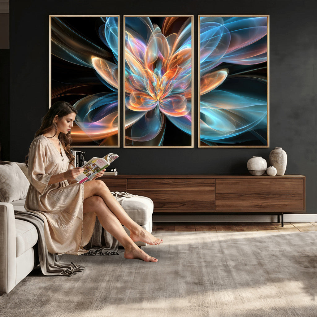 Fractal Lotus Canvas Wall Art, Blue Orange Glowing Flower Abstract Print