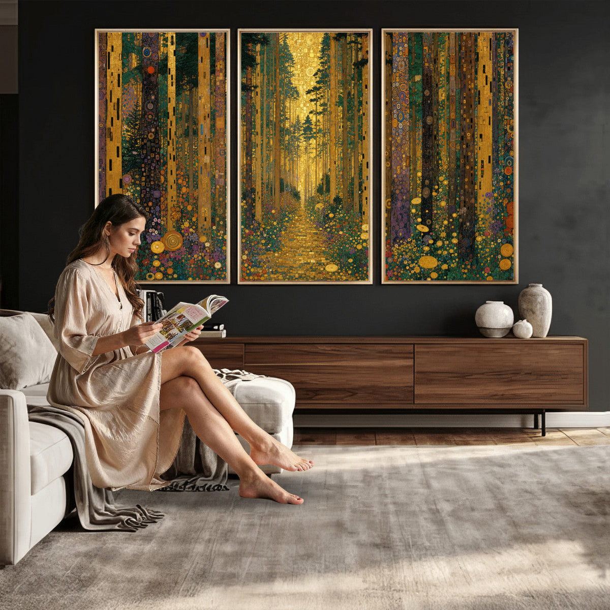 Gustav Klimt Style Forest Canvas Wall Art, Golden Forest Path Floral Art Nouveau Print