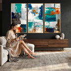 Blue Teal Abstract Canvas Wall Art, Modern Brushstroke Style Print, Navy Orange Contemporary Decor