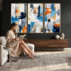 Blue Teal Abstract Canvas Wall Art, Modern Brushstroke Style Painting Print, Navy Orange Contemporary Decor