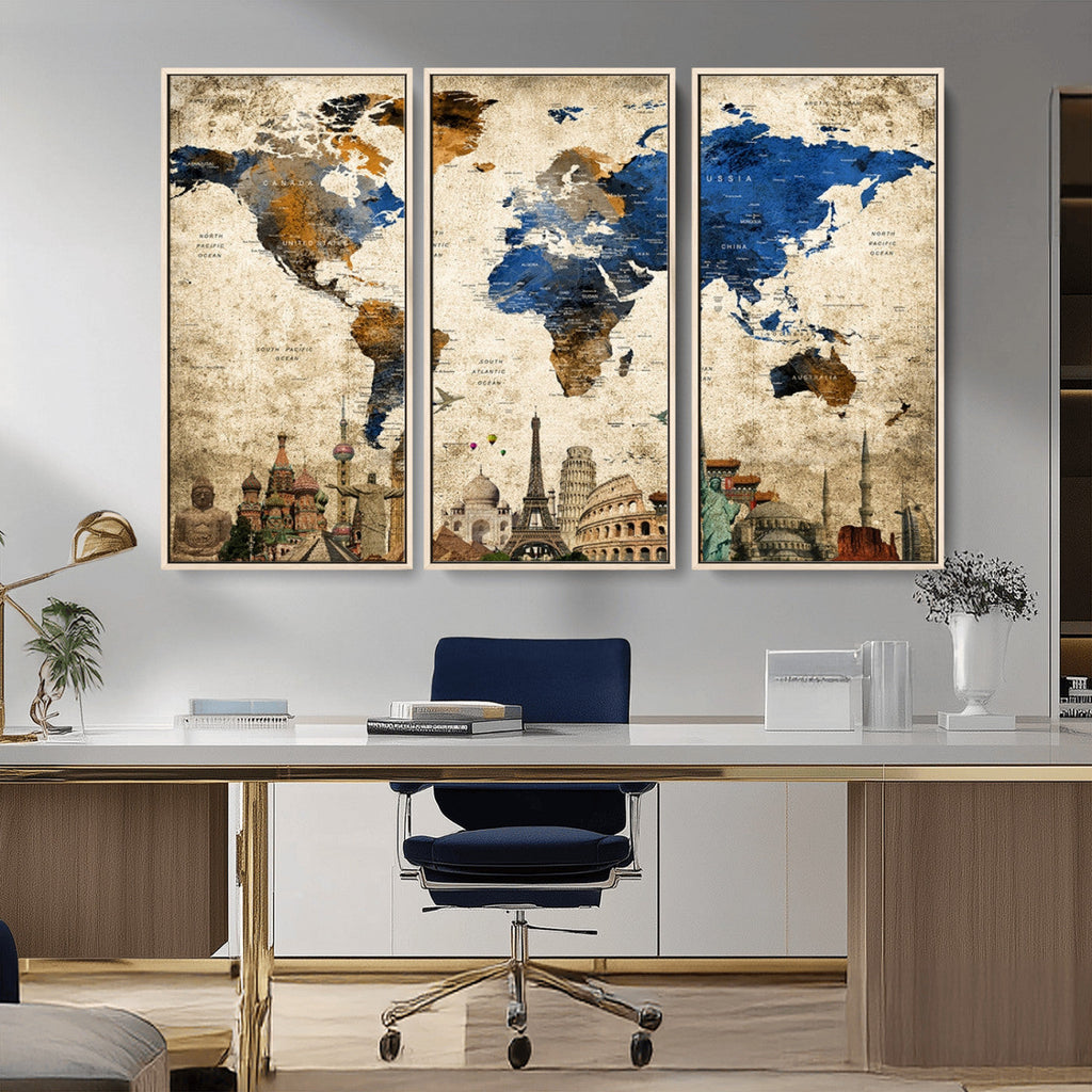 World Map Canvas Print | Vintage Blue and Gold World Map Wall Art