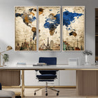 World Map Canvas Print | Vintage Blue and Gold World Map Wall Art