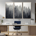Misty Forest Canvas Wall Art | Monochrome Triptych Pine Tree Print
