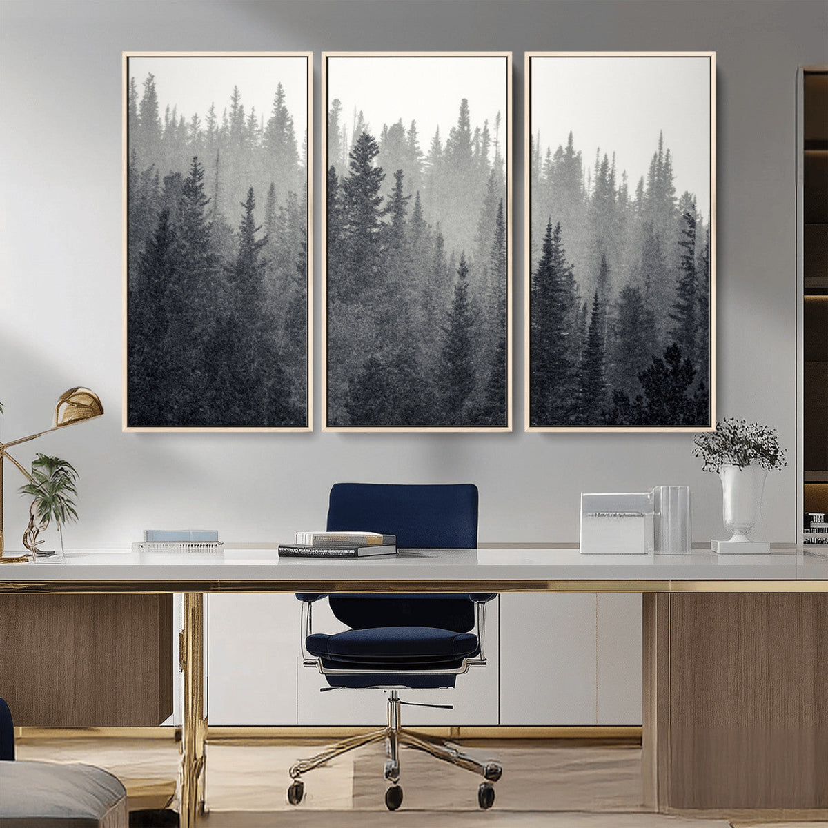 Misty Forest Canvas Wall Art | Monochrome Triptych Pine Tree Print