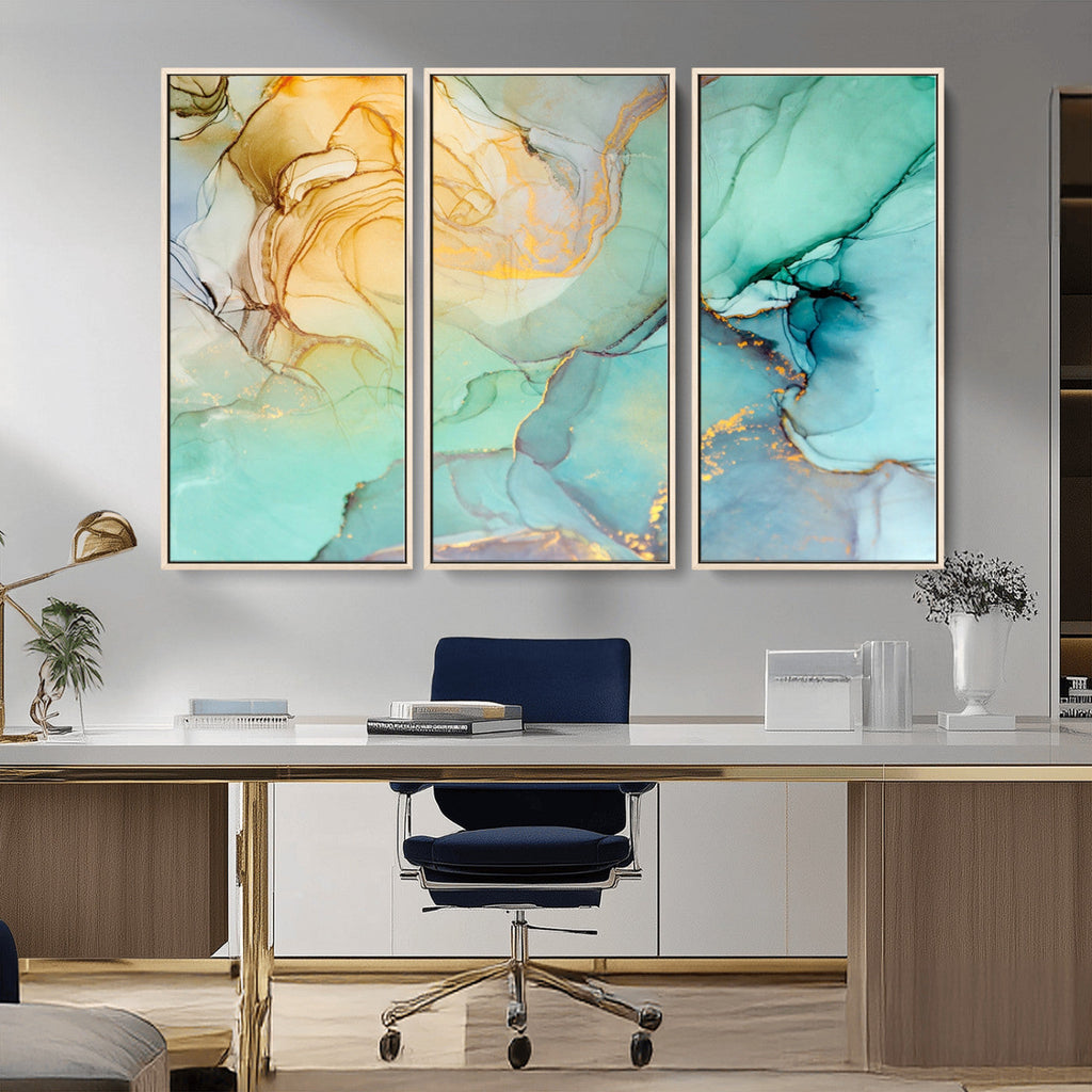 Abstract Aqua and Gold Fluid Wall Art Canvas | 3 Panel Large Canvas Print